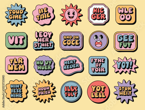 Obraz na plátně Retro 70s groovy sticker pack set with funky bubble text, cute sun mascot, comic