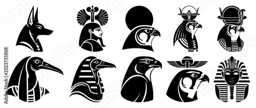 Cuadro en lienzo Egyptian gods and pharaoh heads collection including anubis and horus in silhoue