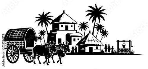 Canvas Print Rural Indian village landscape with bullock cart palm trees and traditional hous