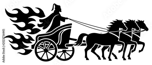 Fényképezés Fiery chariot pulled by horses representing Prophet Elijah or mythology in black