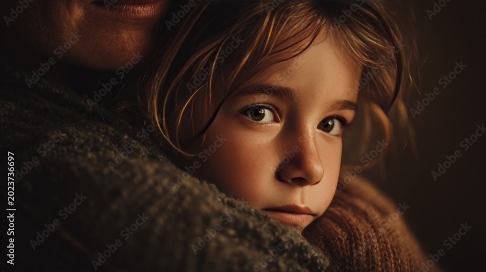 Fototapeta premium Close-up of Child's Face Embraced in Warm Hug, Evoking Safety and Love