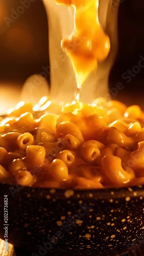Warm pasta close up in glowing light with shallow depth