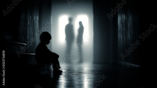 Lonely Child Silhouetted on Stairs, Observing Blurred Figures in Misty Hallway