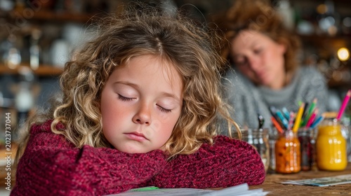 Young girl sleeping at table with woman in background