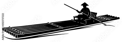 Photos Bamboo raft fisherman rowing on water in traditional silhouette style