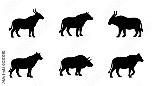 Konstfotografi African Buffalo Silhouette Collection, Wild Animal Vector Icons Set, Bovine Wild