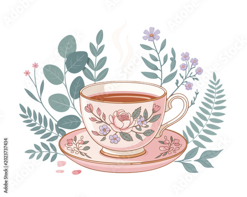 Photos Cute pink teacup with floral decorative background Vector