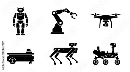 Konstfotografi Robotics Icons Set: Futuristic Android, Industrial Arm, Drone, Autonomous Vehicl
