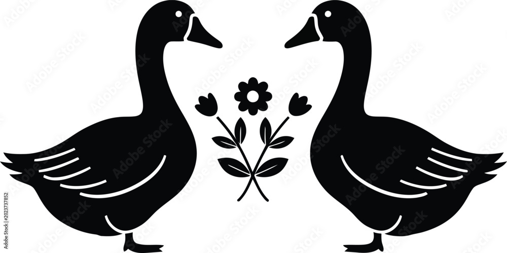 Fototapeta premium Black silhouette of two ducks facing each other with flowers