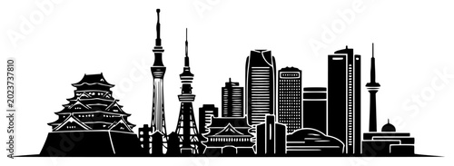 Photography Tokyo city skyline panorama with modern skyscrapers and traditional castle silho