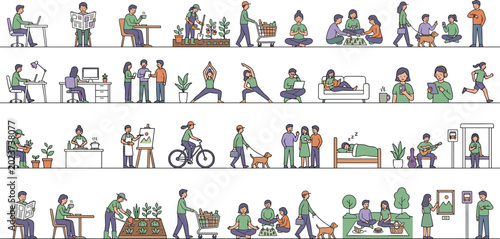 Quadro em tela People daily lifestyle activities collection with gardening, yoga and family rou