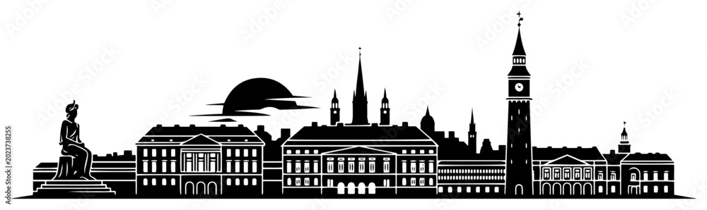 Obraz premium Venice city skyline with Saint Mark square and campanile tower black and white vector silhouette