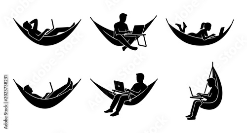 Photos Remote Work Lifestyle Icons: People Relaxing with Laptops in Hammocks, Silhouett