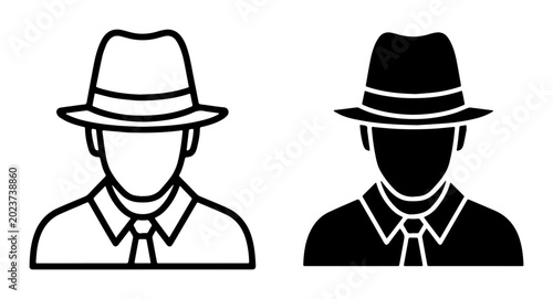 Photos Detective Icon Set, Silhouette Man in Fedora Hat and Suit, Vintage Spy Character