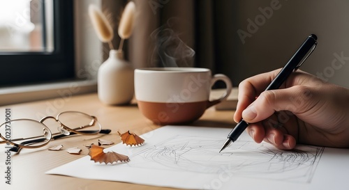 Close up of hand sketching on paper with pen. Architect drawing technical plans on wooden desk with coffee and glasses. Creative workspace concept