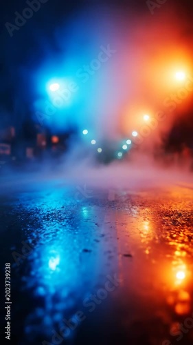 Rainy night street blur with colorful city lights and puddles