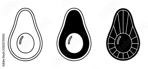 Foto Avocado Icons Set: Simple Outline, Solid Fill, and Detailed Slice Vector Graphic