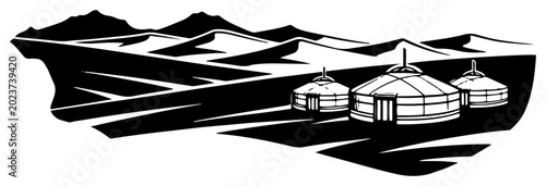 Fotografie Mongolian yurts in a vast steppe landscape with mountains in woodcut stencil sty