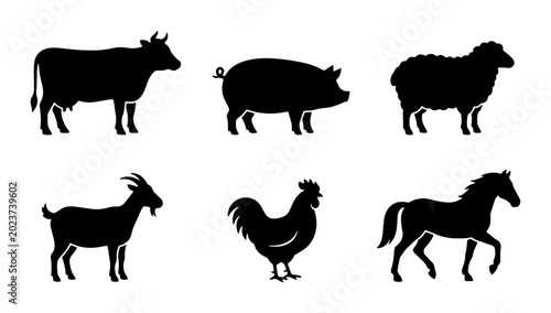 Farm Animal Silhouettes: Livestock Icons for Agriculture and Ranching, Vector Set of Farm Creatures