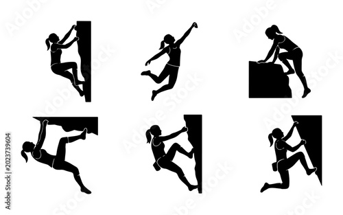 Rock Climbing Silhouettes Set: Dynamic Female Climbers Ascending and Bouldering, Vector Graphics for Adventure and Sports Concepts