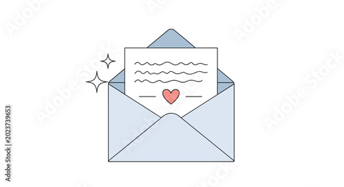 Sweet illustration of an open blue envelope containing a letter with a red heart symbol for valentines day or a love message.