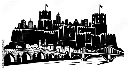 Bild auf Leinwand Medieval fortress and stone bridge architectural landscape in black silhouette s