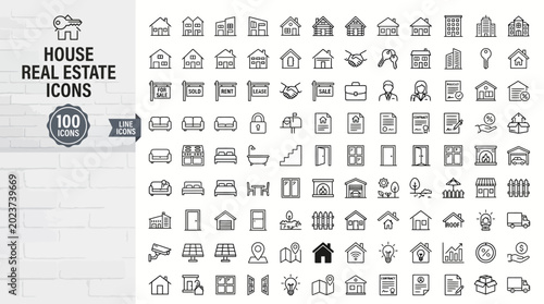 Εκτύπωση καμβά Real Estate Icon Set 100 Line Icons for House Property Mortgage Rental Home Cons