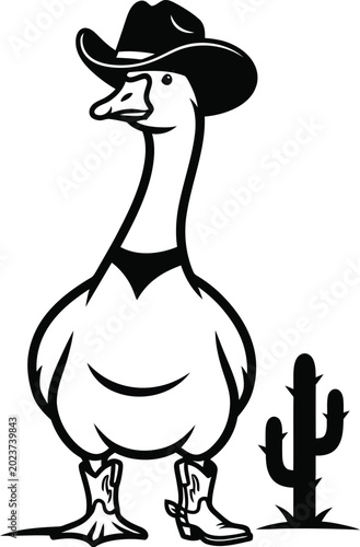 Funny goose wearing cowboy hat standing next to cactus