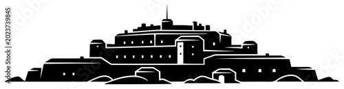 Foto Historic fortress silhouette with stone walls and defensive ramparts in minimali