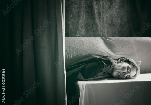Scene of a woman in an interior behind a velvet curtain XIII