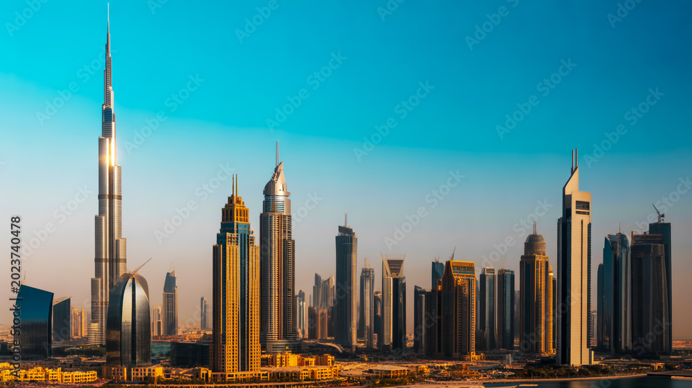 Obraz premium The modern Dubai cityscape skyline at sunset showcases sleek skyscrapers and architecture.