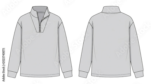 Photos CAD Drawing of a Men's Quarter Zip Sweatshirt in Grey, Front and Back Views for