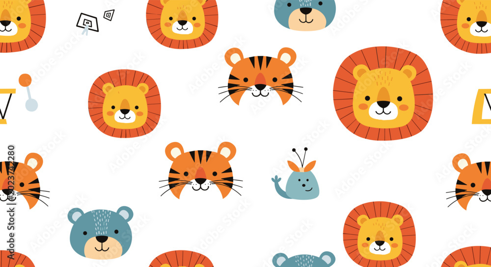 Obraz premium Playful seamless pattern showcasing various cute animal faces including lions, tigers, and bears with simple shapes perfect for kids nursery wallpaper.