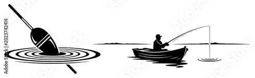 Photos Fishing float with water ripples and fisherman in boat in minimalist silhouette