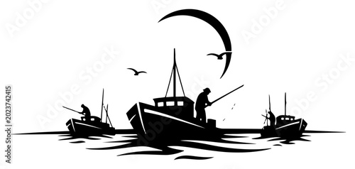 Quadro su tela Fishing boats at sea under crescent moon with seagulls in high contrast graphic