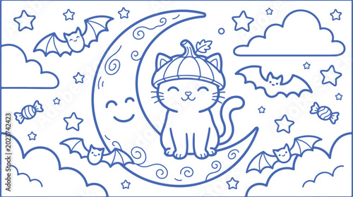 Tableau sur toile Cute cat wearing pumpkin hat sitting on moon surrounded by bats stars clouds and candy on halloween night