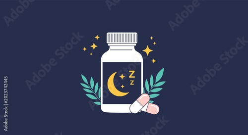 Creative illustration of a white medicine bottle for sleep aid featuring a moon and stars design surrounded by pink pills and green leaf accents.