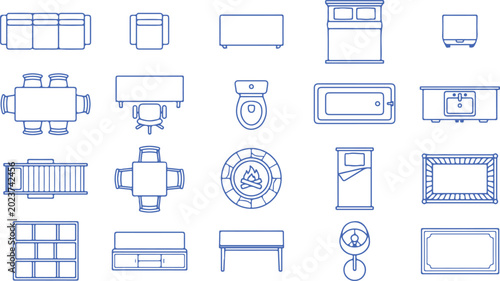 Top view outline icons of furniture and home items like sofa bed table chairs toilet and shelves.