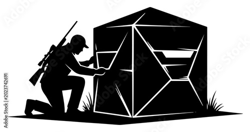 Foto Hunter with rifle kneeling next to portable ground blind in silhouette vector st