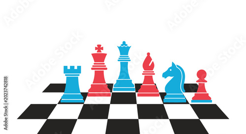 Photos Chess Game Strategy, Red and Blue Pieces on Board, Intellectual Competition