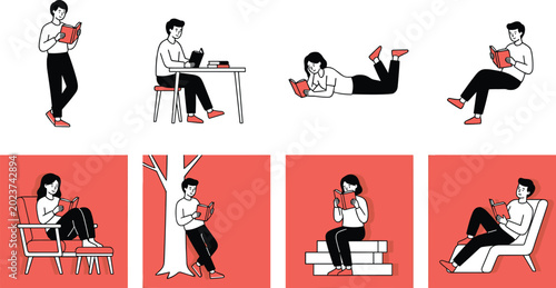 Bild auf Leinwand People reading books in different relaxing poses lifestyle vector illustration c