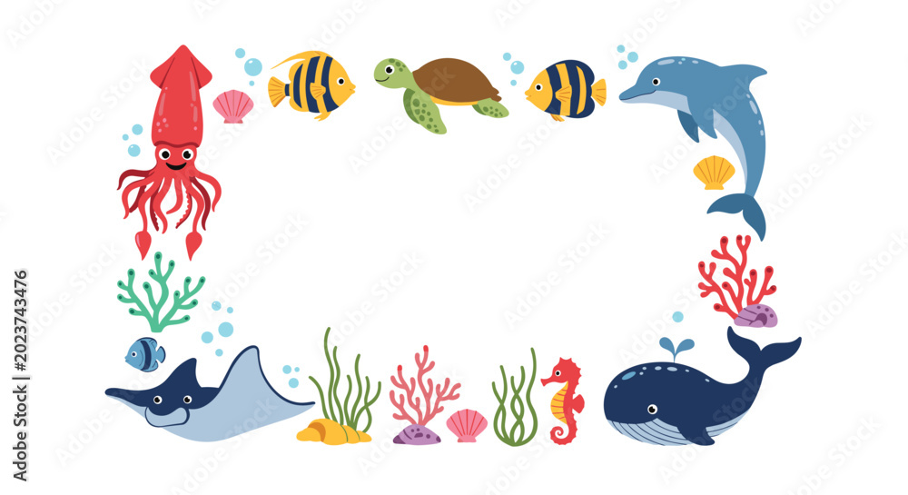 Obraz premium Sea life border featuring a squid, fish, turtle, dolphin, ray, seahorse, whale, coral, and shells for nautical and underwater themes.