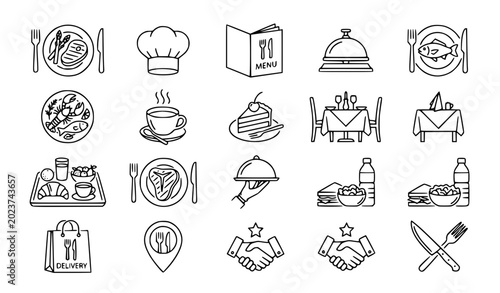 Restaurant isolated icon set food cafe waiter vector collection