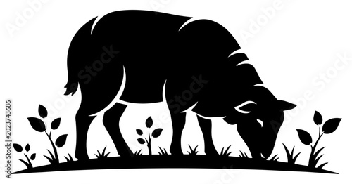 Foto Sheep grazing in grass field minimalist silhouette style