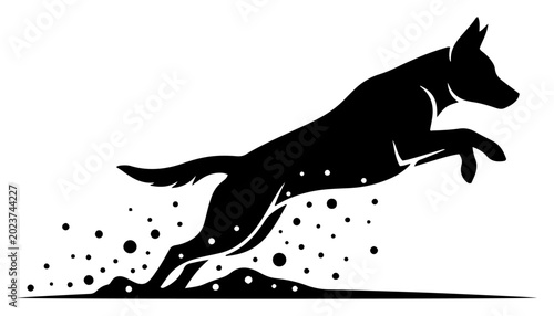 Canvastavla German shepherd dog jumping through mud in active movement silhouette style