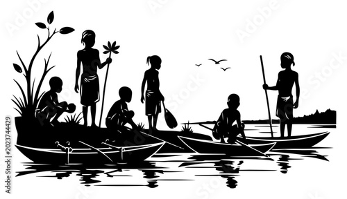 Photos African community life on river bank with multiple dugout canoes in silhouette s