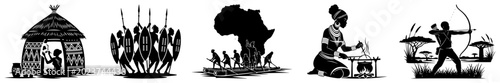 Fotografie African cultural life scenes set with warriors and traditional hunters in minima