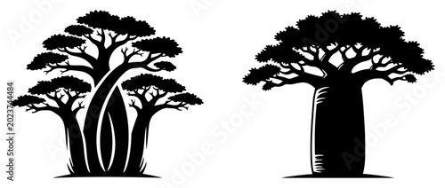 Slika na platnu African baobab trees silhouettes set on white background black minimalist style