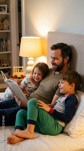 Family shares a story together in a cozy bedroom at night with warm light creating a cozy atmosphere for reading