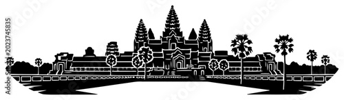 Tableau sur toile Angkor Wat temple complex in Cambodia with palm trees in black silhouette style